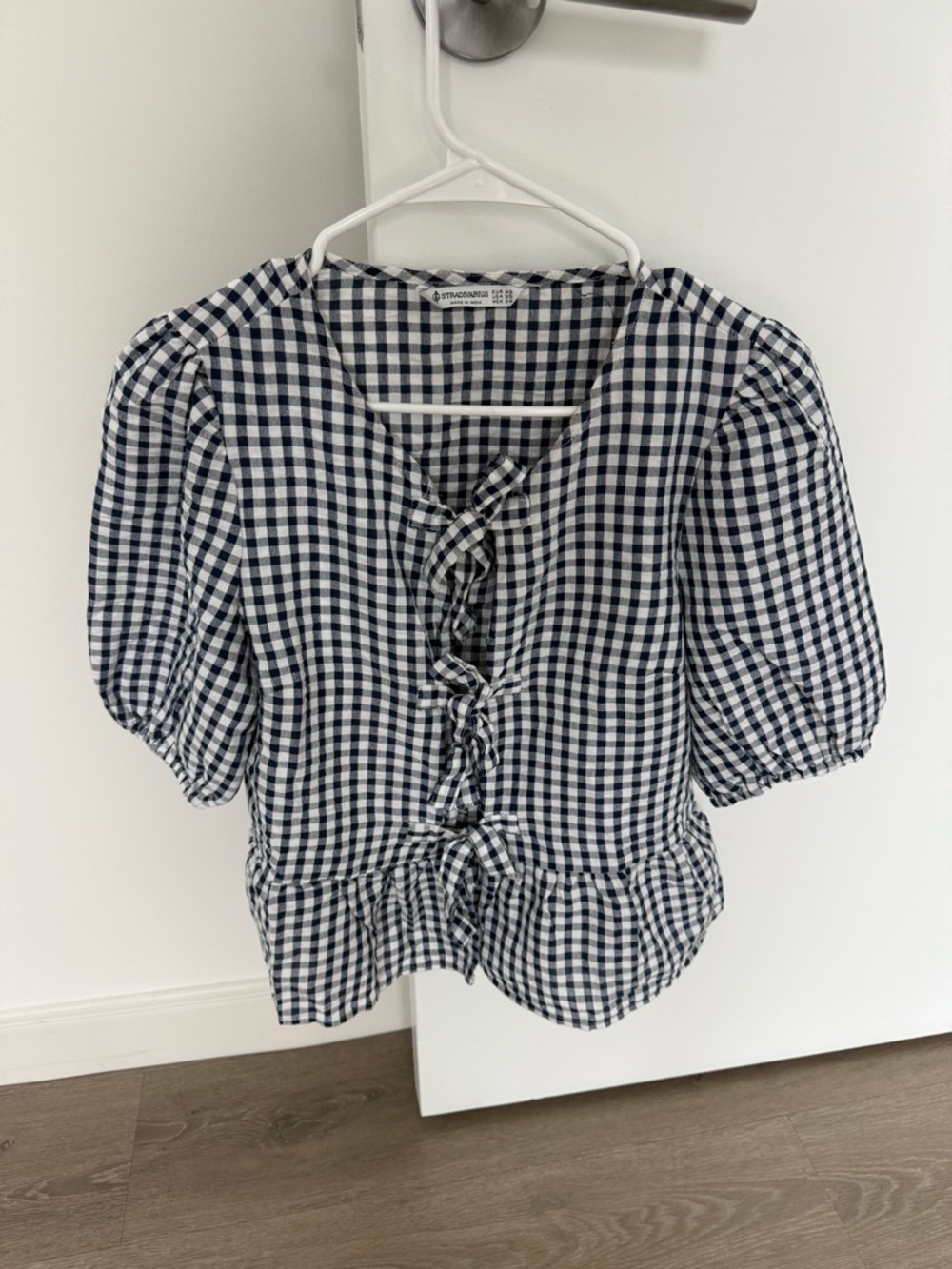 Stradivarius Navy & White Gingham Button-Front Top